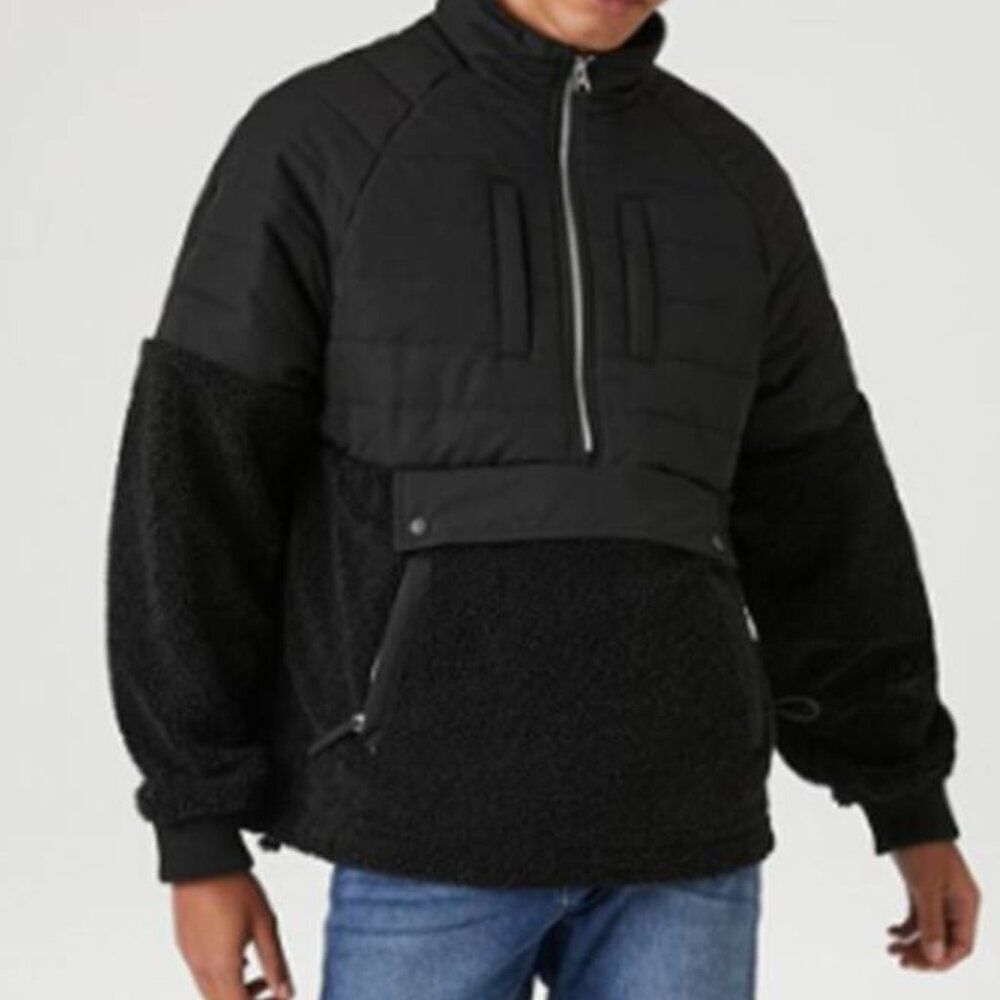 Forever 21 Men's Half-Zip Faux Shearling Raglan Puffer Jacket Sports BlackLarge